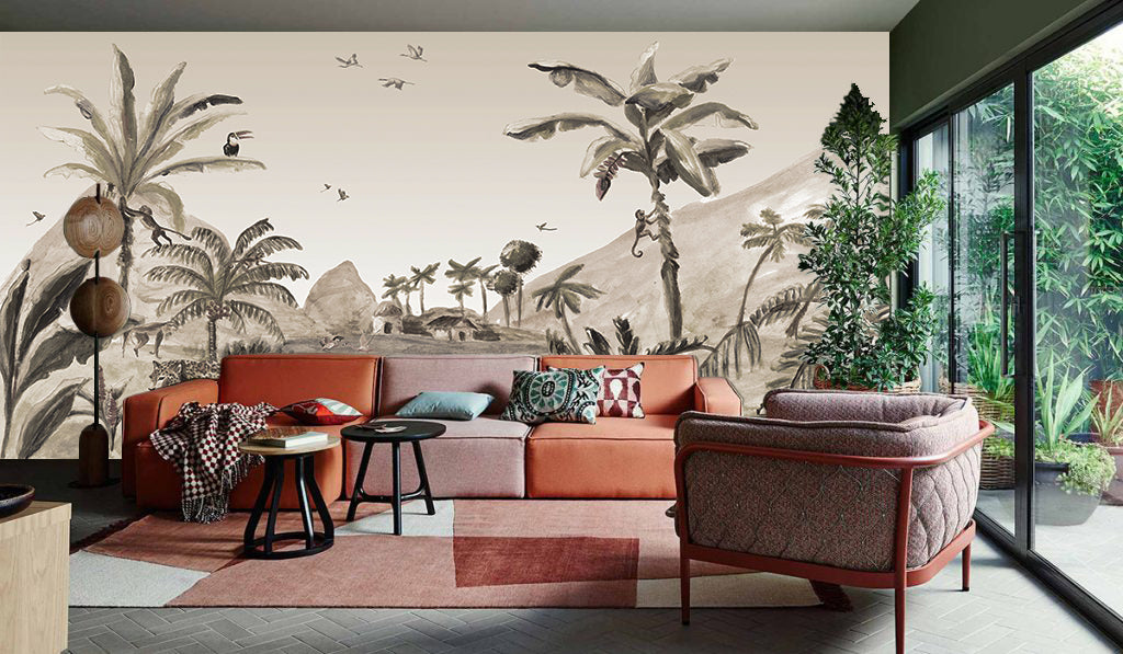 Mural Jungle landschap sepia Jungle Landscape