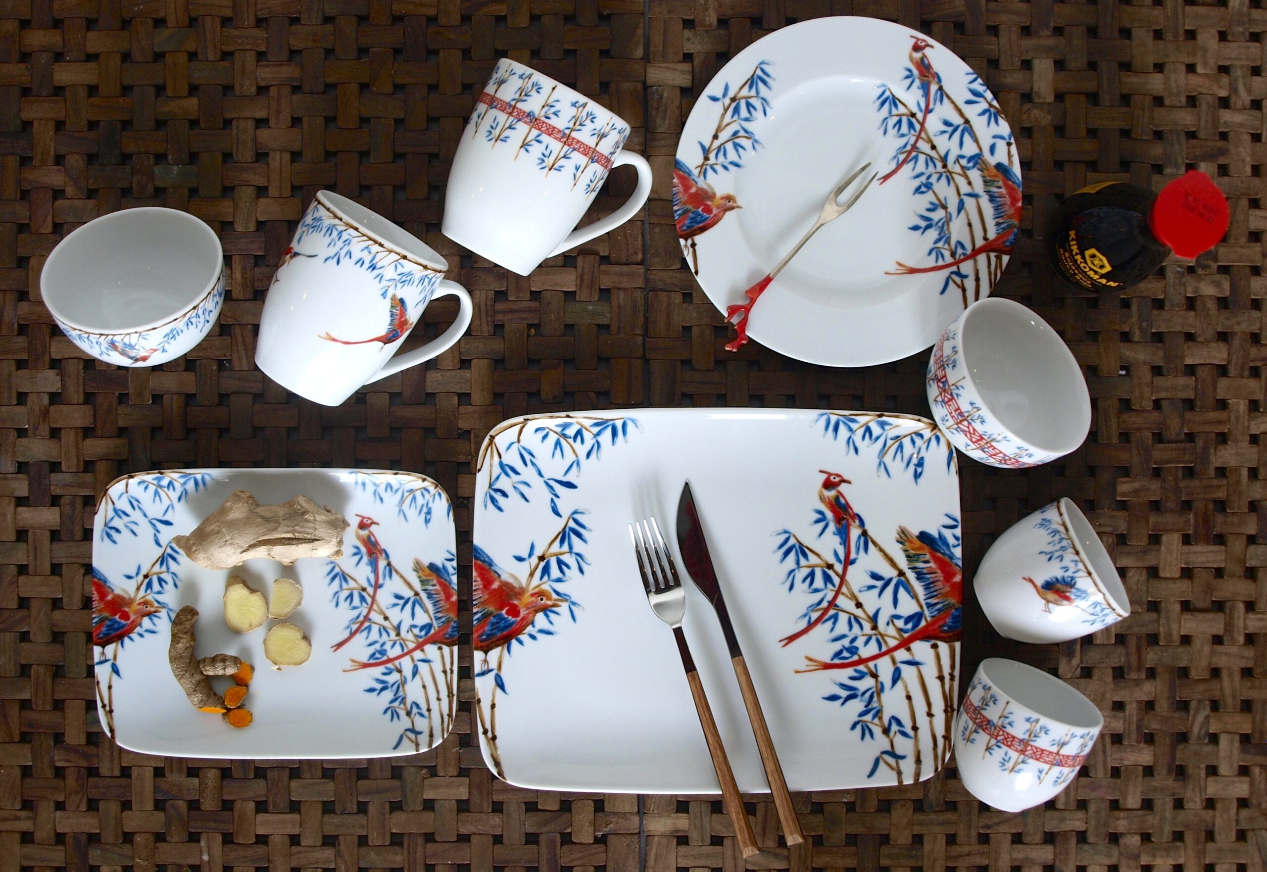 4x Breakfast plates Bamboo & Singing Birds