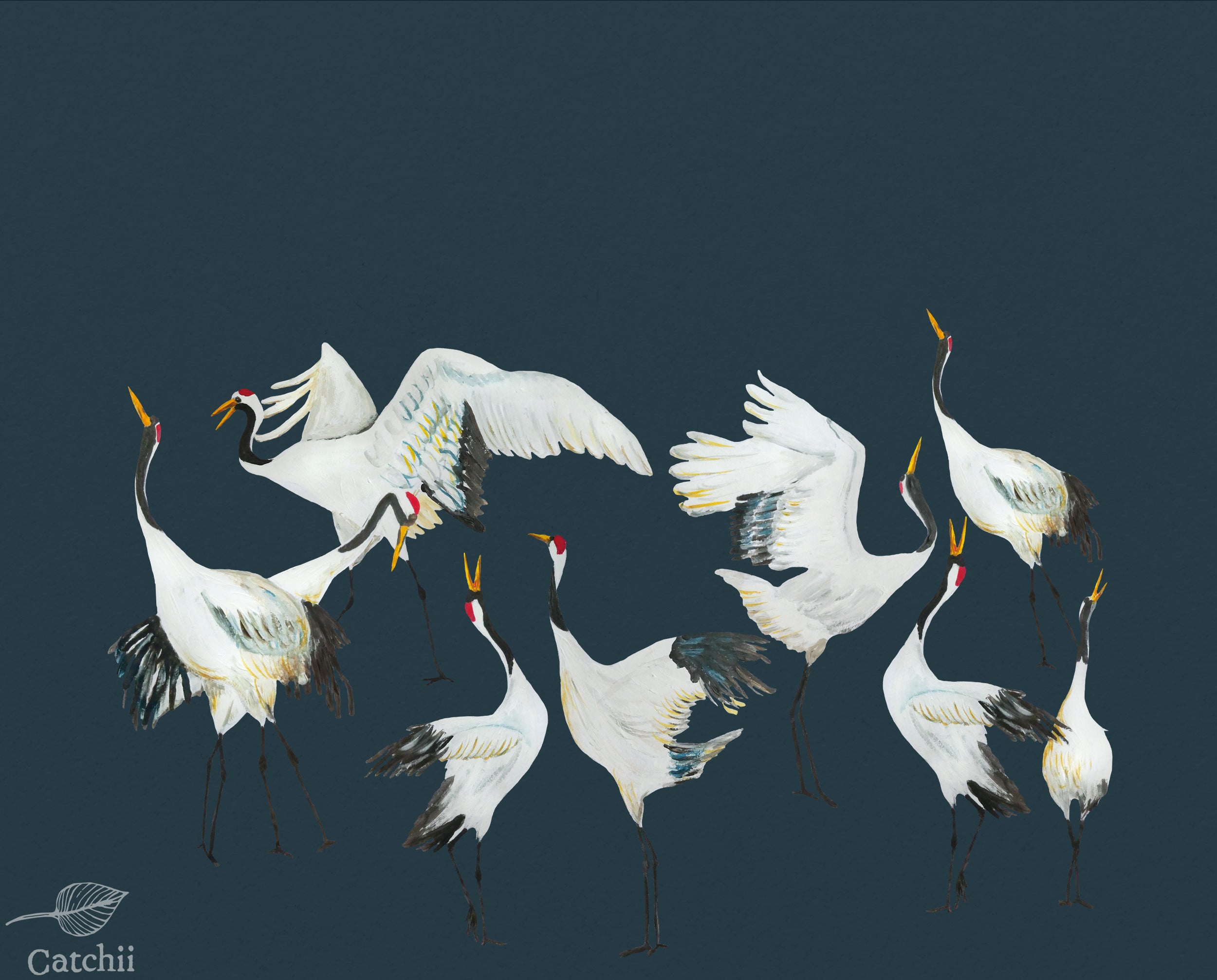 Mural kraanvogels blauw Japanese Crane Dance