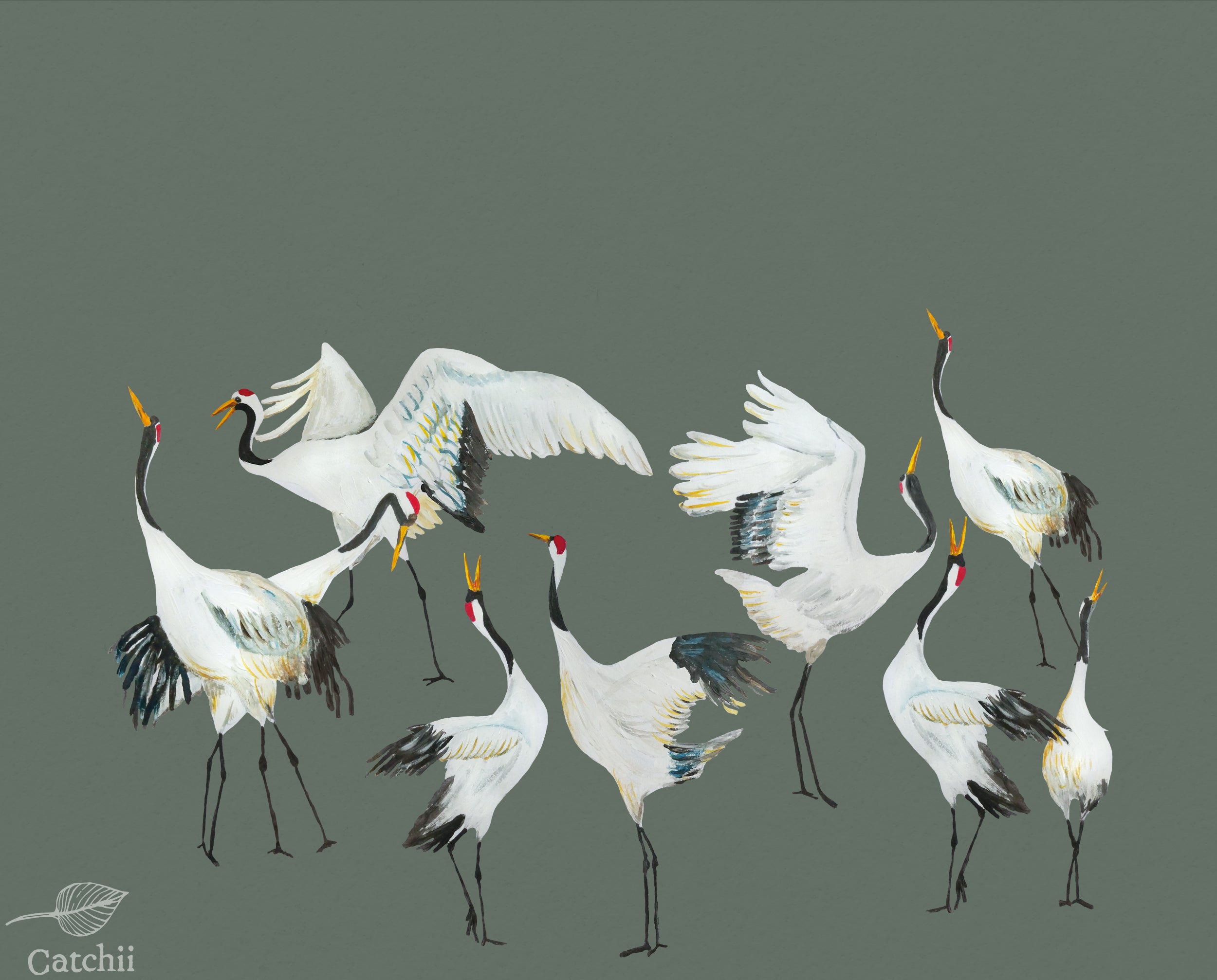 Mural kraanvogels Japanese Crane Dance