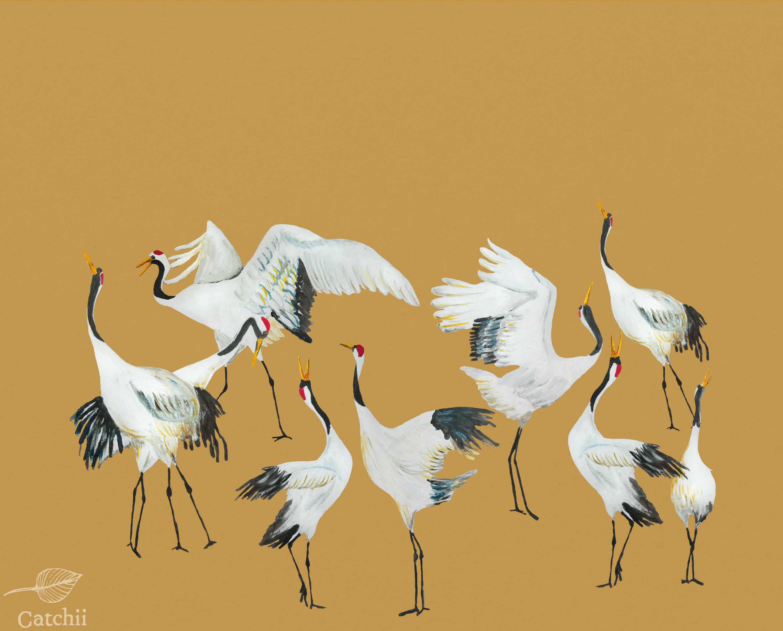 Mural kraanvogels okergeel Japanese Crane Dance
