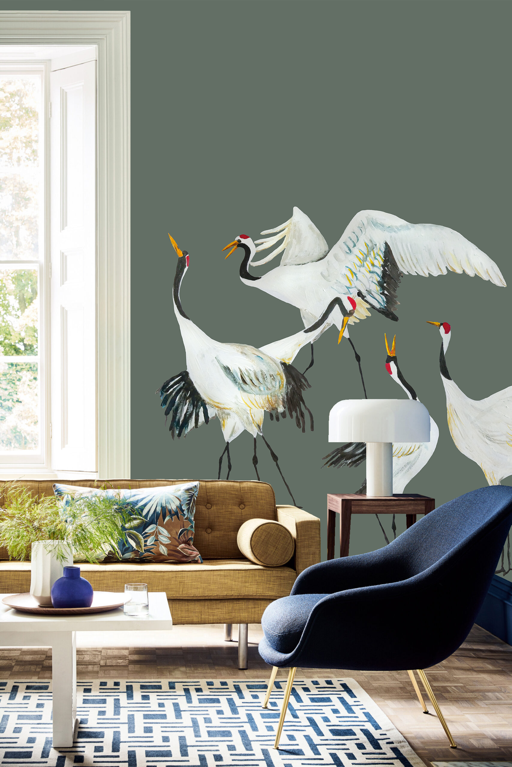 Mural kraanvogels blauw Japanese Crane Dance