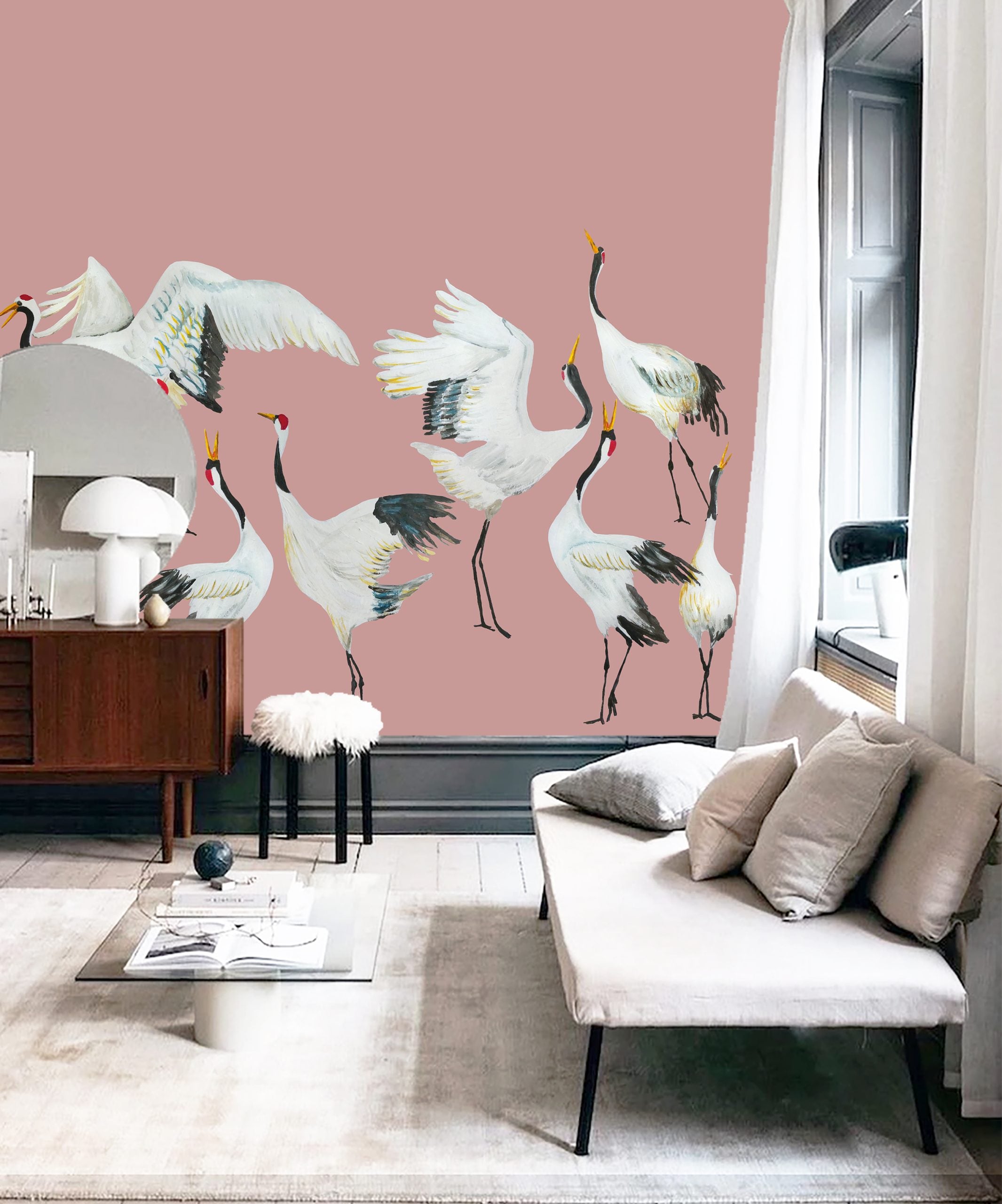 Mural kraanvogels roze Japanese Crane Dance