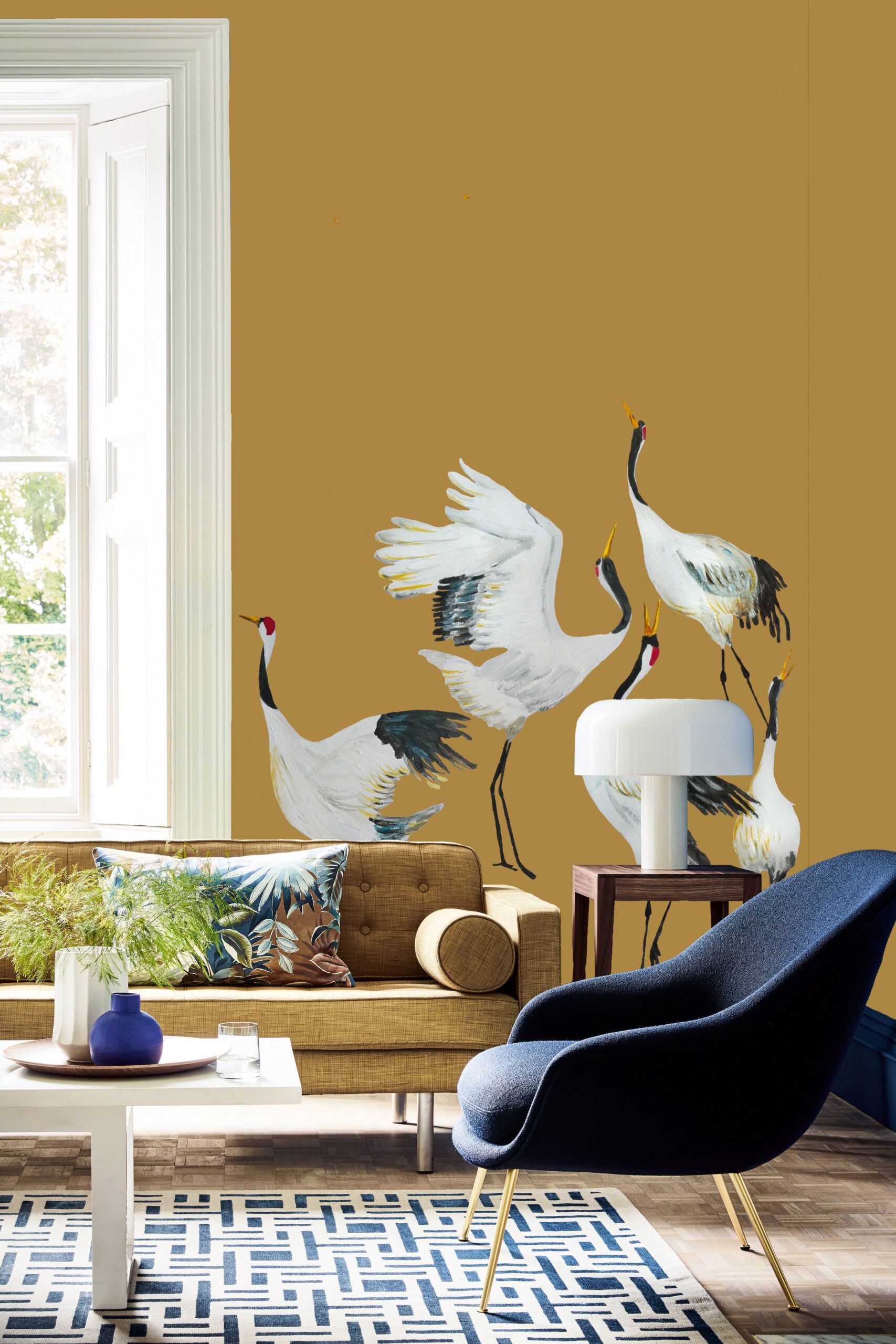 Mural kraanvogels okergeel Japanese Crane Dance
