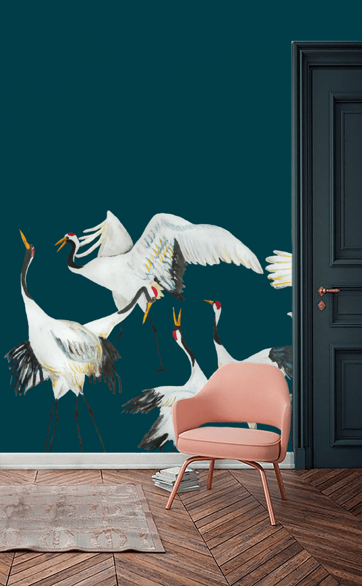 Mural kraanvogels blauw Japanese Crane Dance