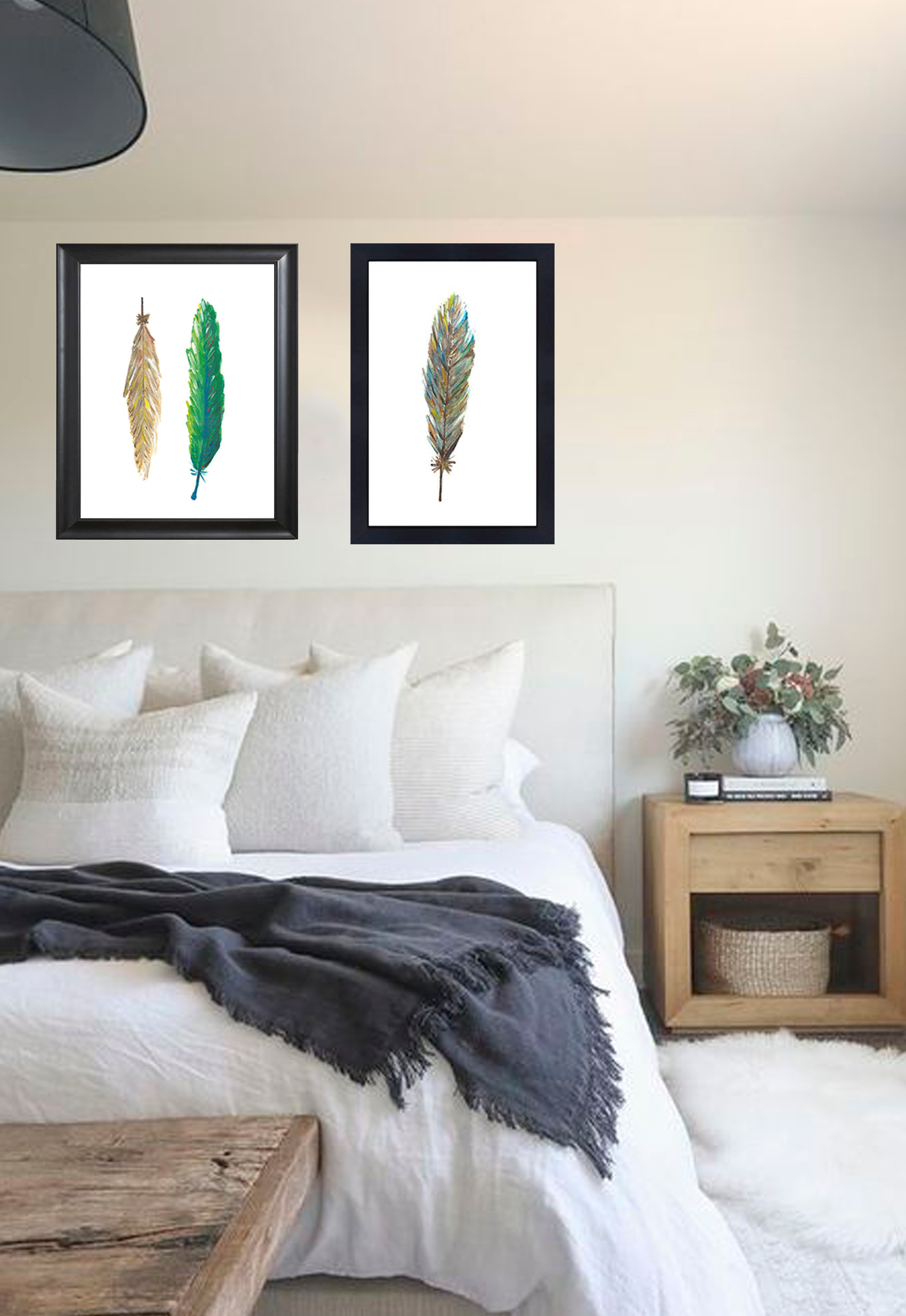 Art print beige and green feather