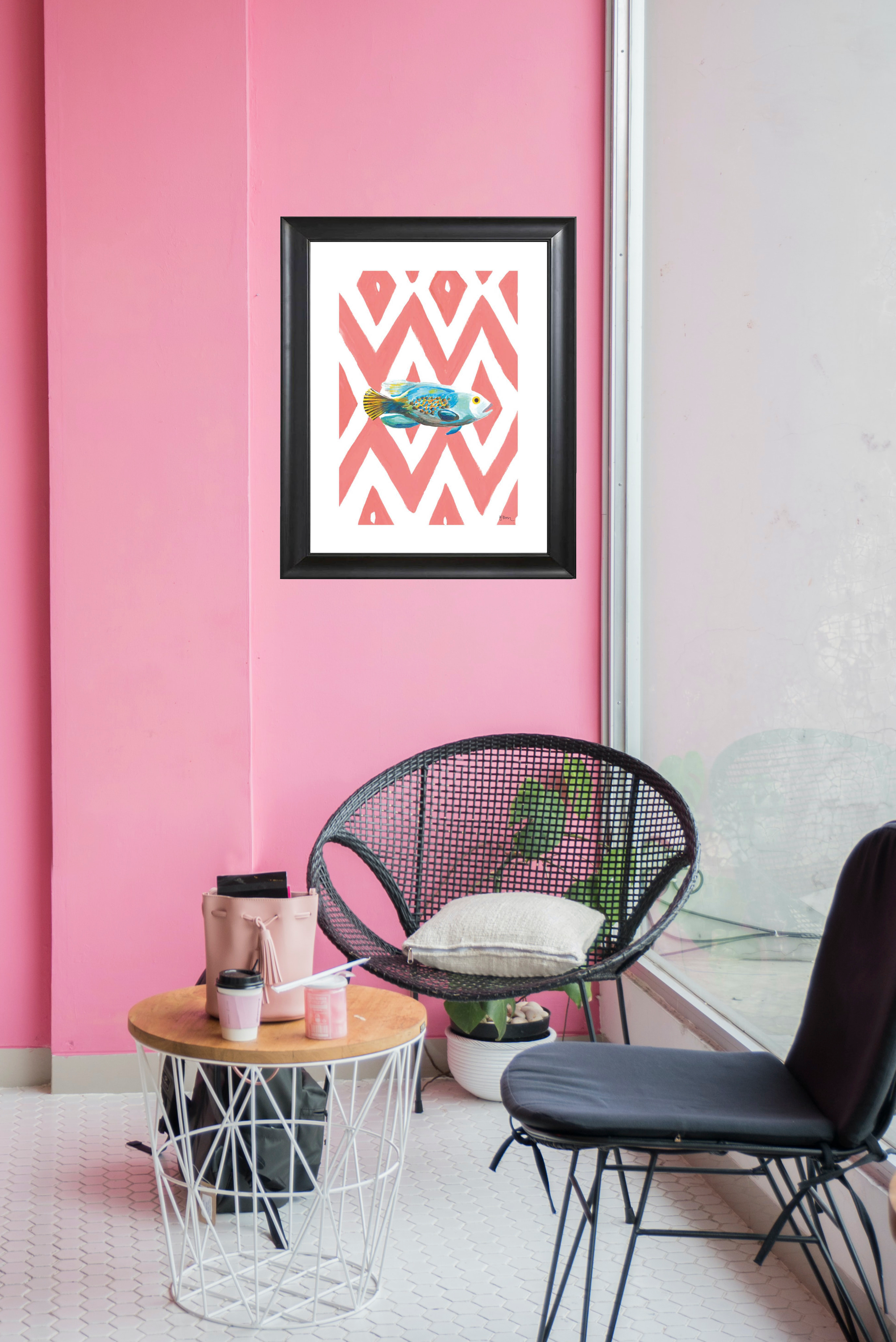Art print blue fish pink zigzag