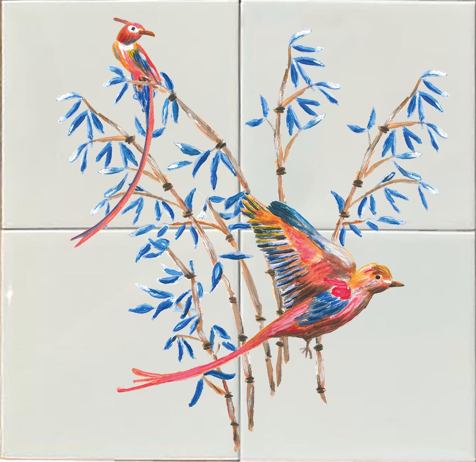 Tegeltableau Bamboe Met Vogels