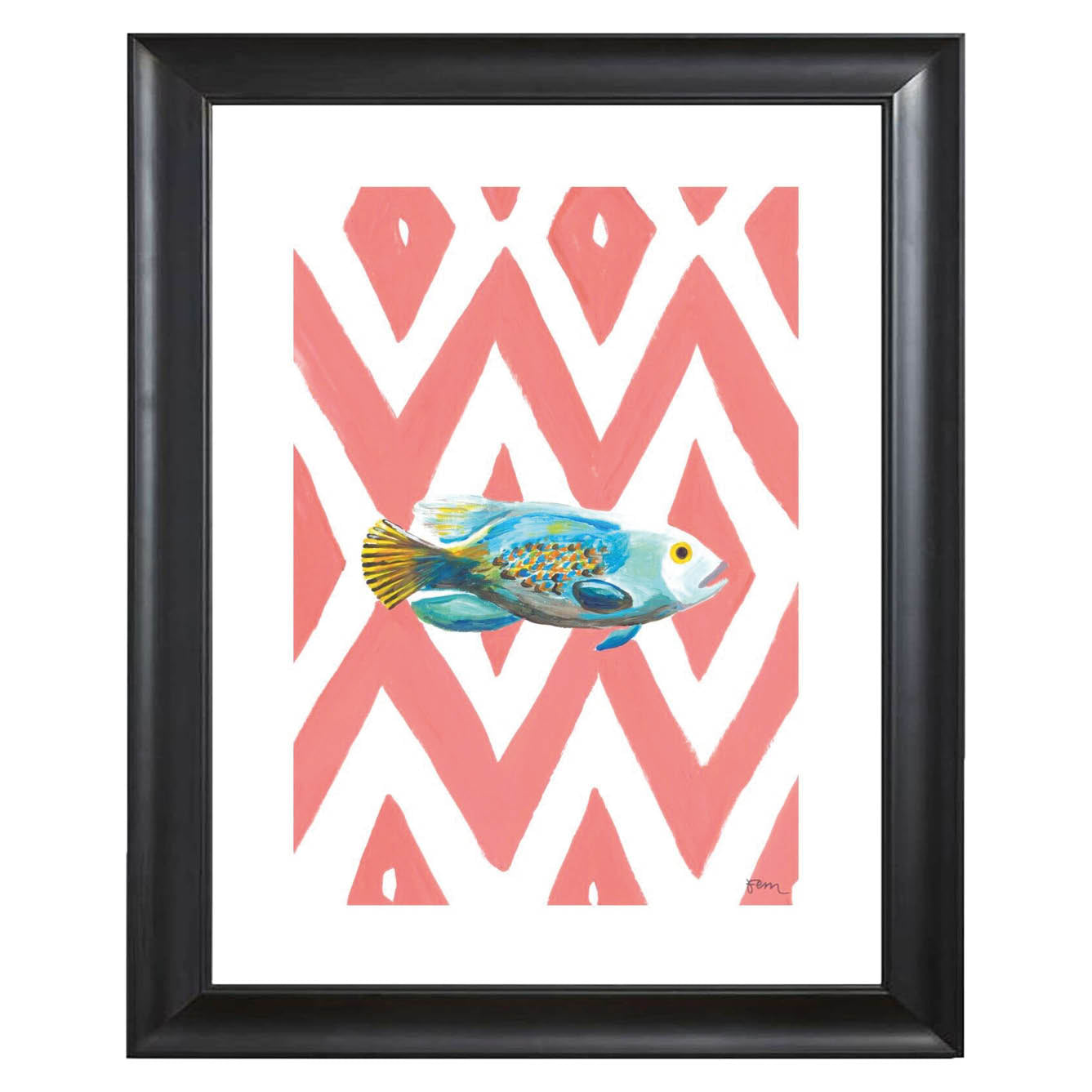 Art print blue fish pink zigzag